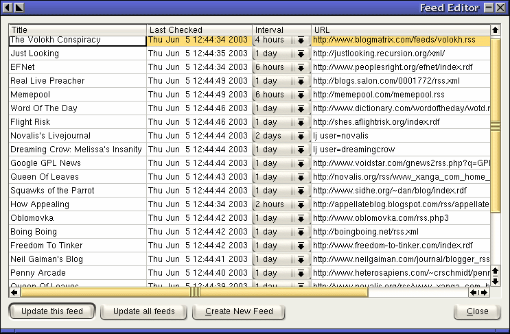 The feed editor shows a list of
feeds, andallows the creation of new feeds