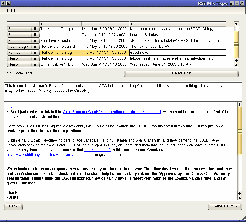 The main window of RSS Mix Tape
shows a list of posts, displaying the current post in a web
browser